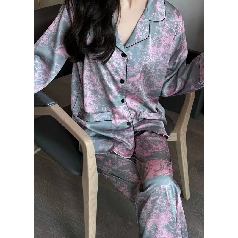 Chic Pink Peter Pan Collar Button Ice Silk Pajamas Two Piece Set Spring