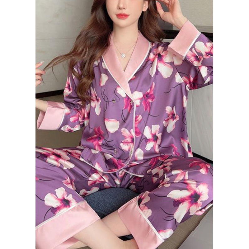 Chic Purple Print Patchwork Ice Silk Pajamas Two Piece Set Spring
