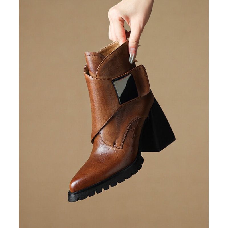 Classy Brown Cowhide Leather Chunky Heel Splicing Boots Pointed Toe