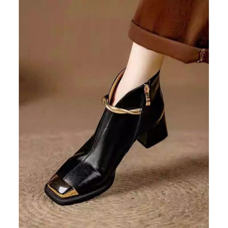 Classy Splicing Chunky Heel Ankle Boots Black Cowhide Leather
