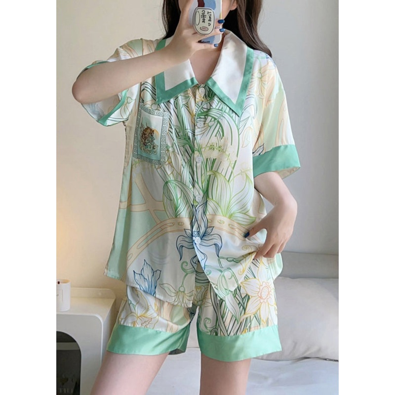 Elegant Green Print Button Shirt And Shorts Ice Silk Pajamas Two Pieces Set Summer