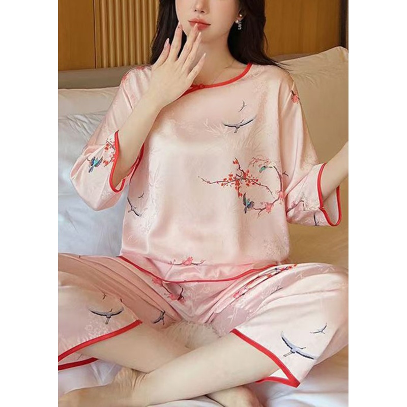 Elegant Pink O Neck Print Ice Silk Pajamas Two Pieces Set Half Sleeve