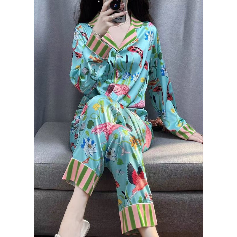 Fashion Blue Striped Print Button Ice Silk Pajamas Two Pieces Set Spring