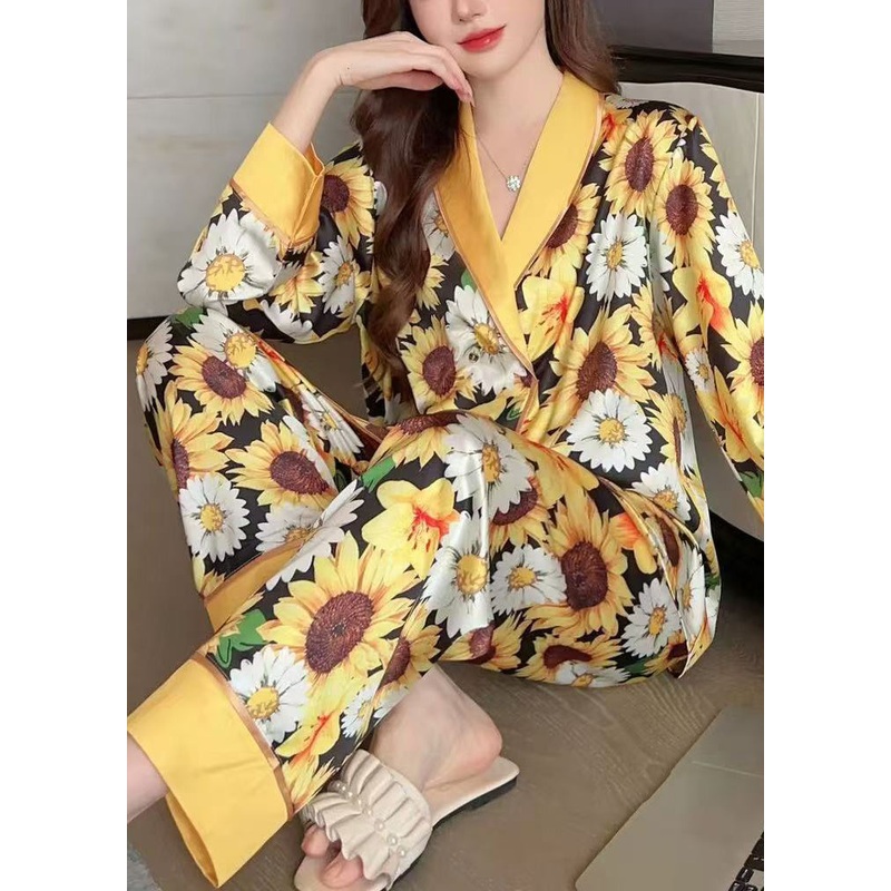 Fashion Yellow Print Shirts And Pants Ice Silk Pajamas Two Piece Set Spring