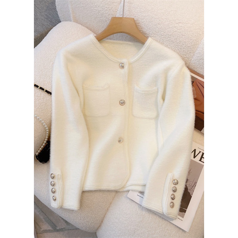 French Beige O Neck Pockets Mink Hair Short Coats Spring