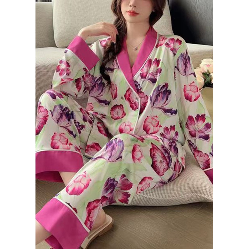 French Rose Peter Pan Collar Print Ice Silk Pajamas 2 Piece Outfit Spring