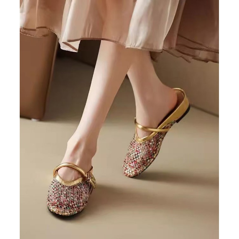 Gold Wedge Sheepskin Hollow Out Zircon Boutique Splicing Slide Sandals