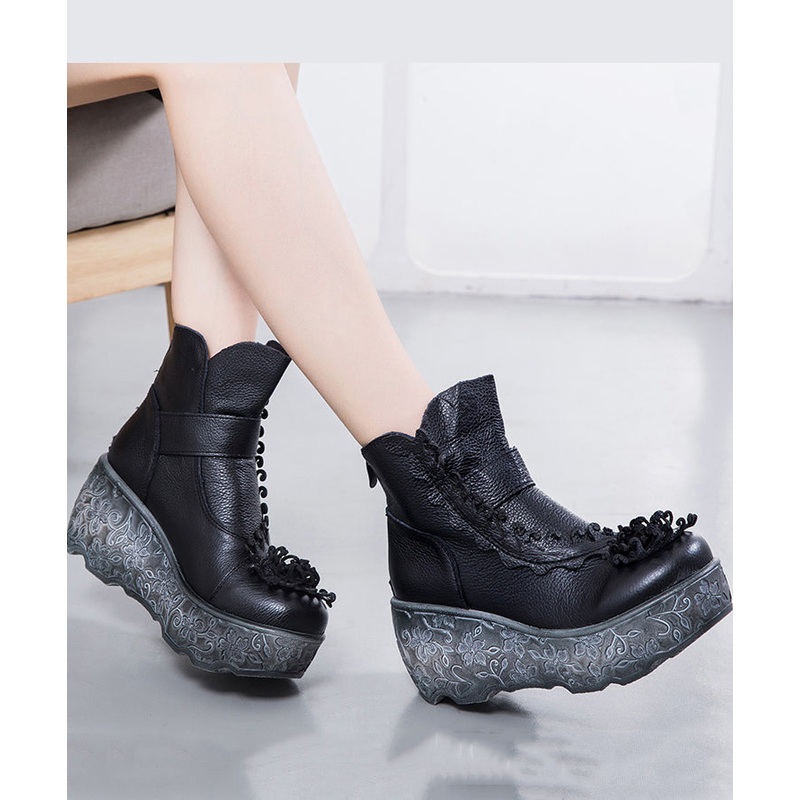 Handmade Splicing Wedge Boots Black Cowhide Leather Floral