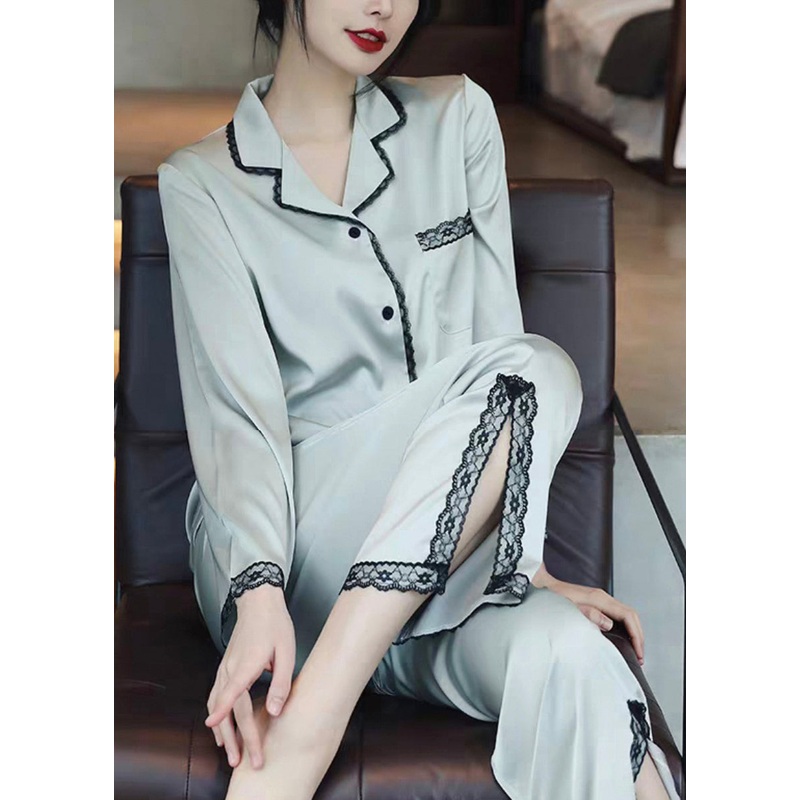 Italian Light Blue Side Open Lace Patchwork Ice Silk Pajamas Two Piece Set Spring