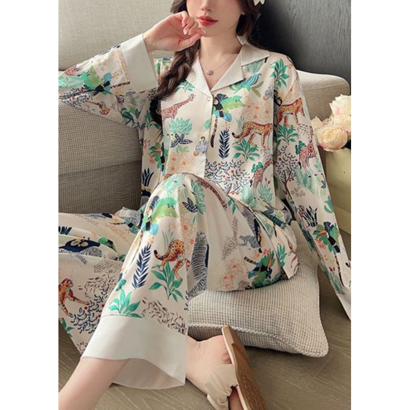Loose Photo Color Peter Pan Collar Print Ice Silk PajamasTwo Pieces Set Spring