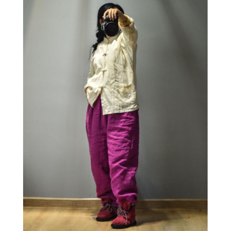 Loose Solid Color Elastic Waist Linen Padded Pants Ladies Vintage Autumn Winter Harem Trousers