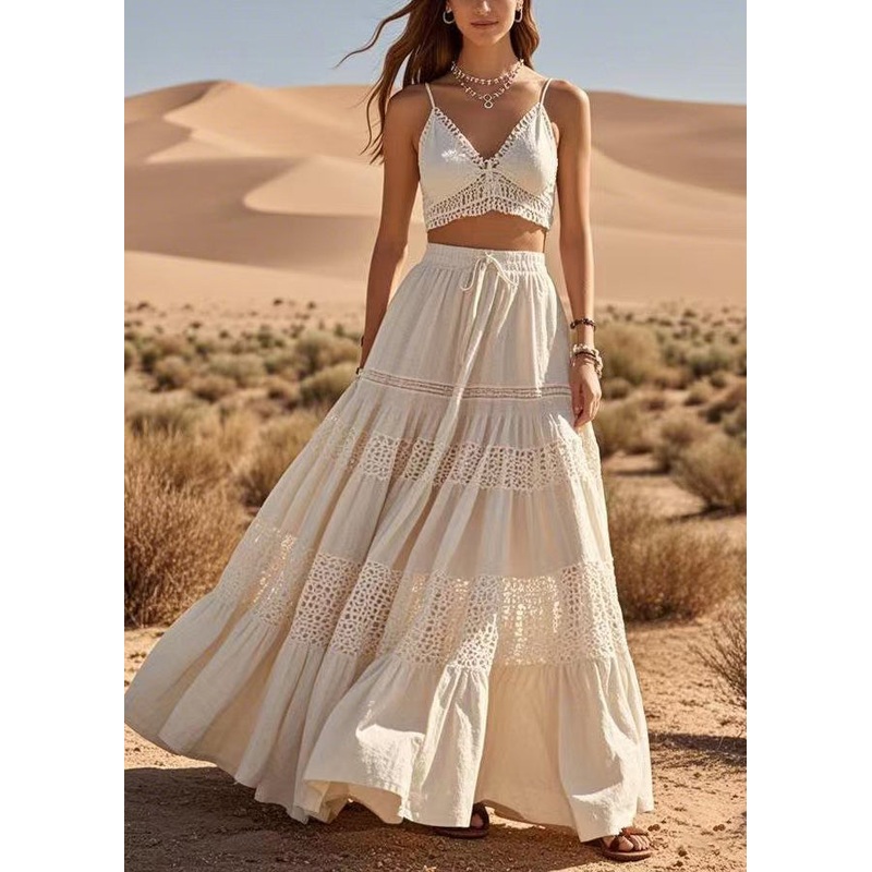 Modern White Hollow Out Patchwork Cotton A Line Skirts Spring