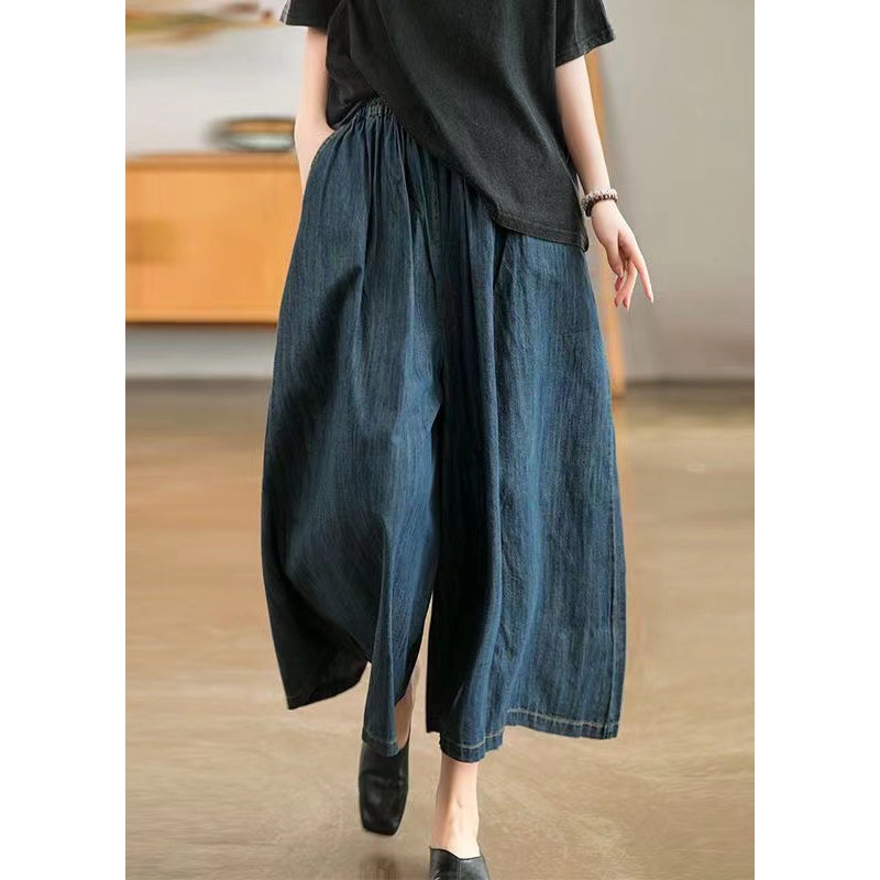 Natural Navy Pockets Elastic Waist Denim Wide Leg Pants Summer