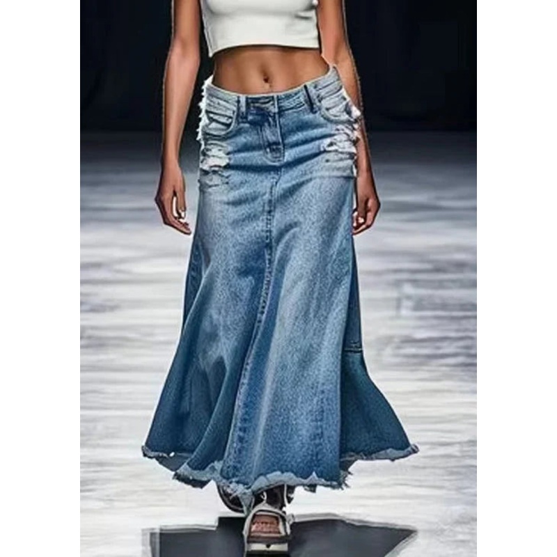 New Blue Hole Pockets High Waist Denim Maxi Skirts