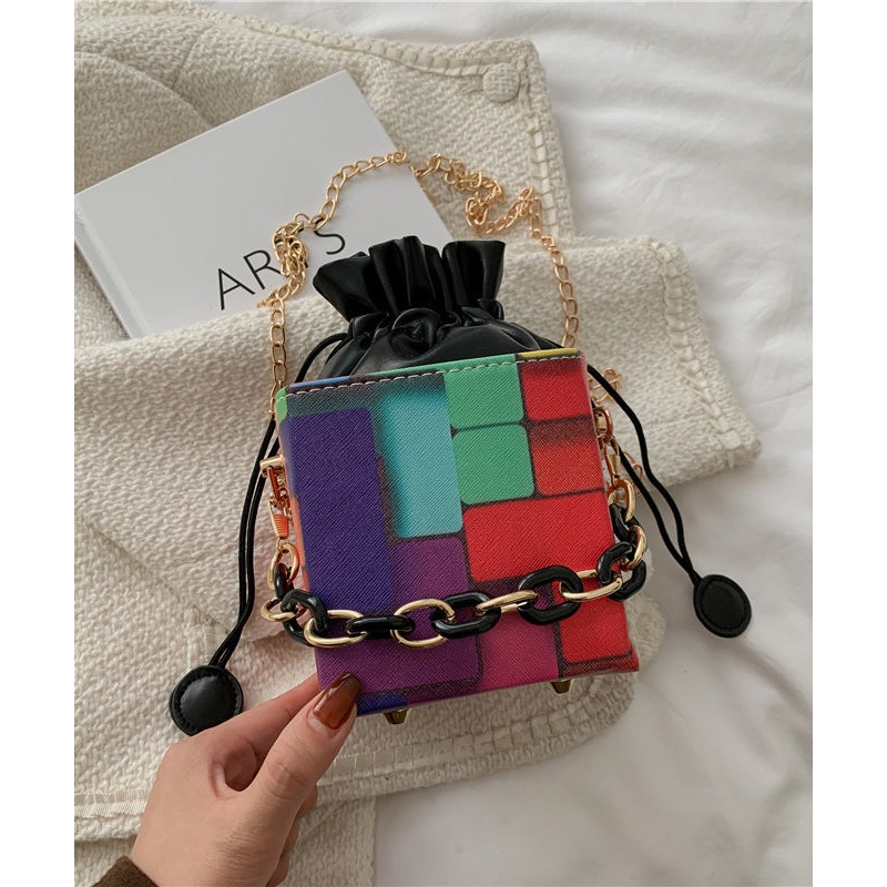 New Fashionable Black Plaid Drawstring Crossbody Bucket Bag