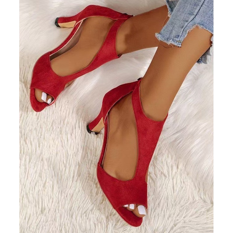 Red High Heel Suede Soft Splicing Sandals Hollow Out Peep Toe