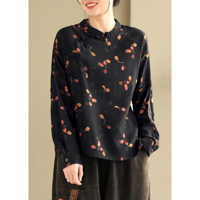 Retro Black Stand Collar Print Oriental Button Cotton Shirt Spring