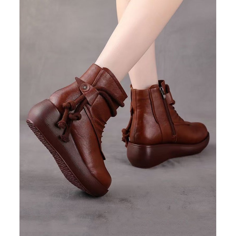 Retro Comfy Splicing Wedge Boots Brown Faux Leather