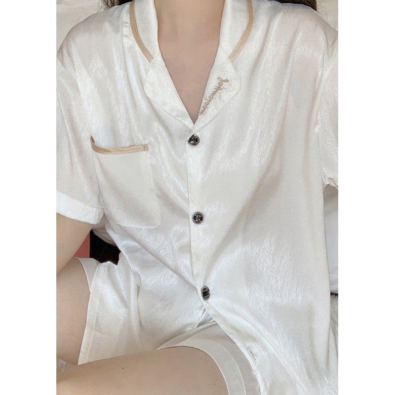 Simple White Embroidered Pockets Ice Silk Pajamas Two Pieces Set Summer