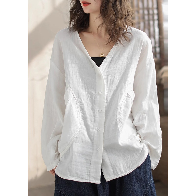 Simple White V Neck Pockets Cotton Shirt Tops Spring