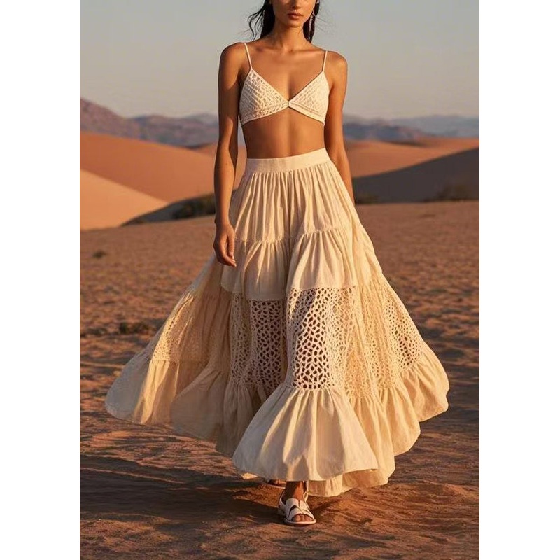 Style White Exra Large Hem Patchwork Hollow Out Holiday Skirts Spring