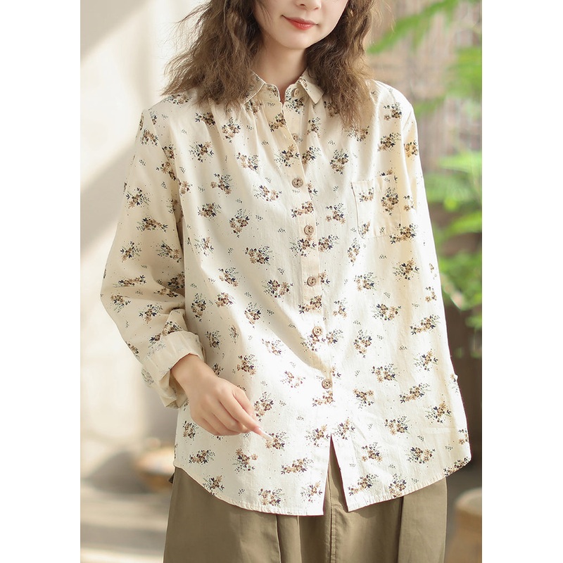 Stylish Beige Peter Pan Collar Print Cotton Shirt Spring