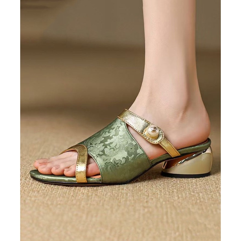 Stylish Green Cowhide Leather Splicing Slide Sandals Peep Toe