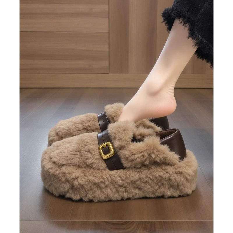Stylish Khaki Fuzzy Fur Fluffy Splicing Comfy Flat Feet Shoes
