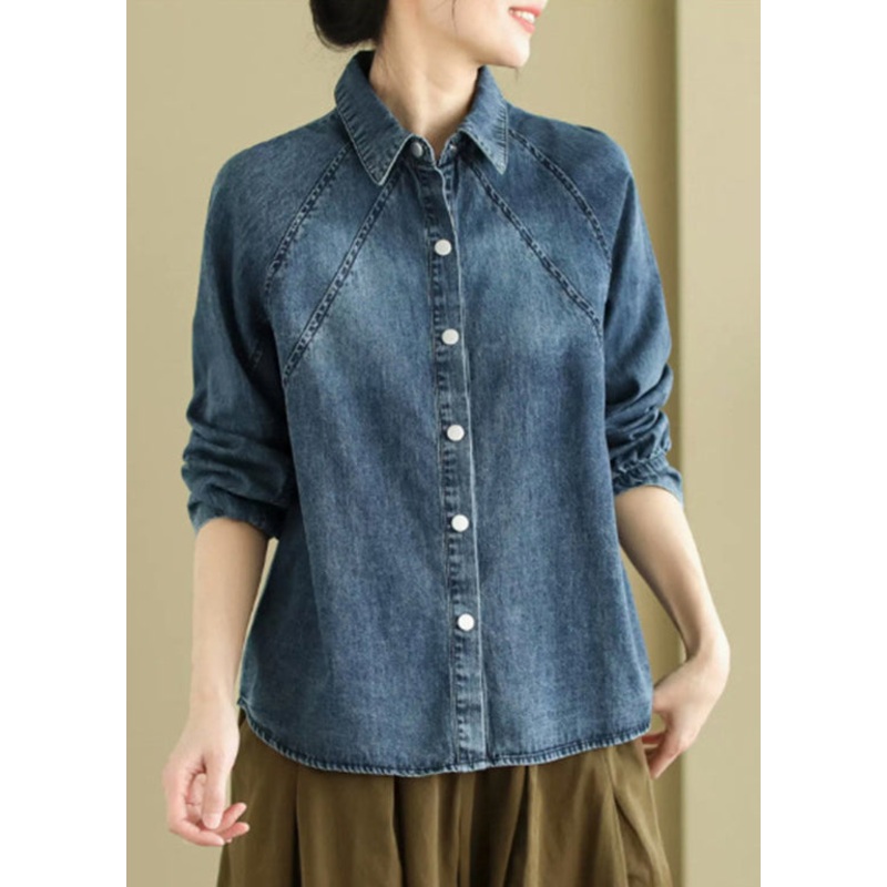 Unique Blue Peter Pan Collar Button Denim Shirts Spring