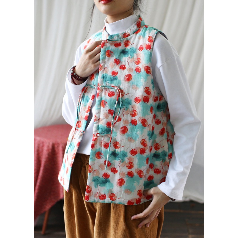 Vintage Stand Collar Tasseled Print Fine Cotton Filled Vest Sleeveless