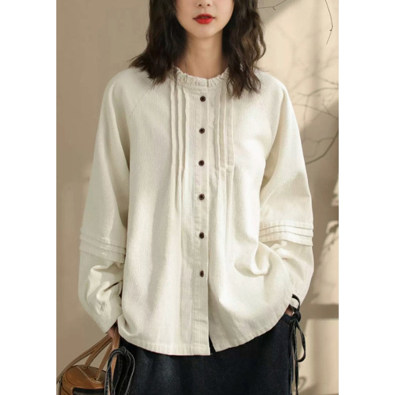 Women Beige Button Wrinkled Corduroy Blouses Spring