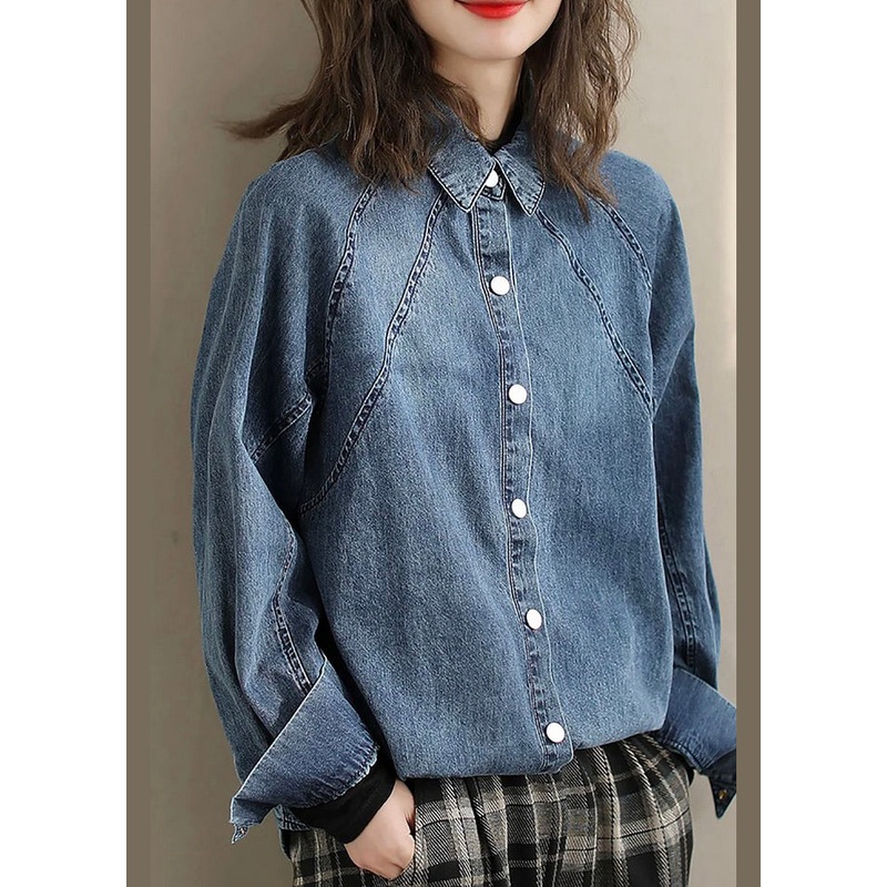 Women Blue Peter Pan Collar Denim Shirts Spring