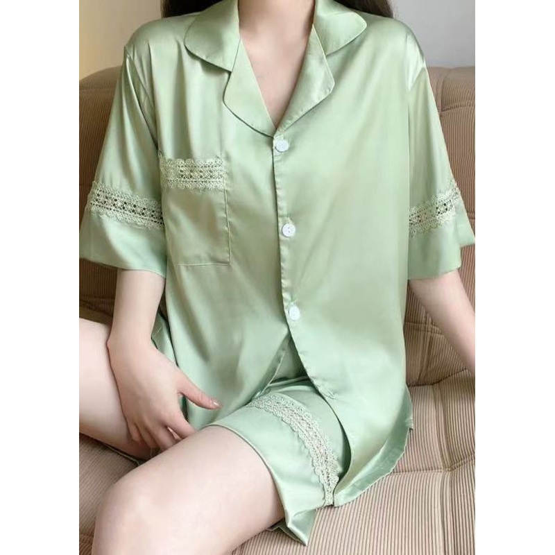Women Green Hollow Out Shirts And Shorts Ice Silk Pajamas Two Pieces Set Summer