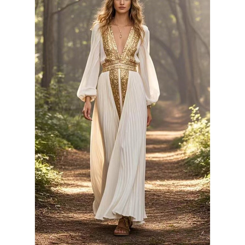 Women White V Neck Patchwork Chiffon Pleated Dress Spring