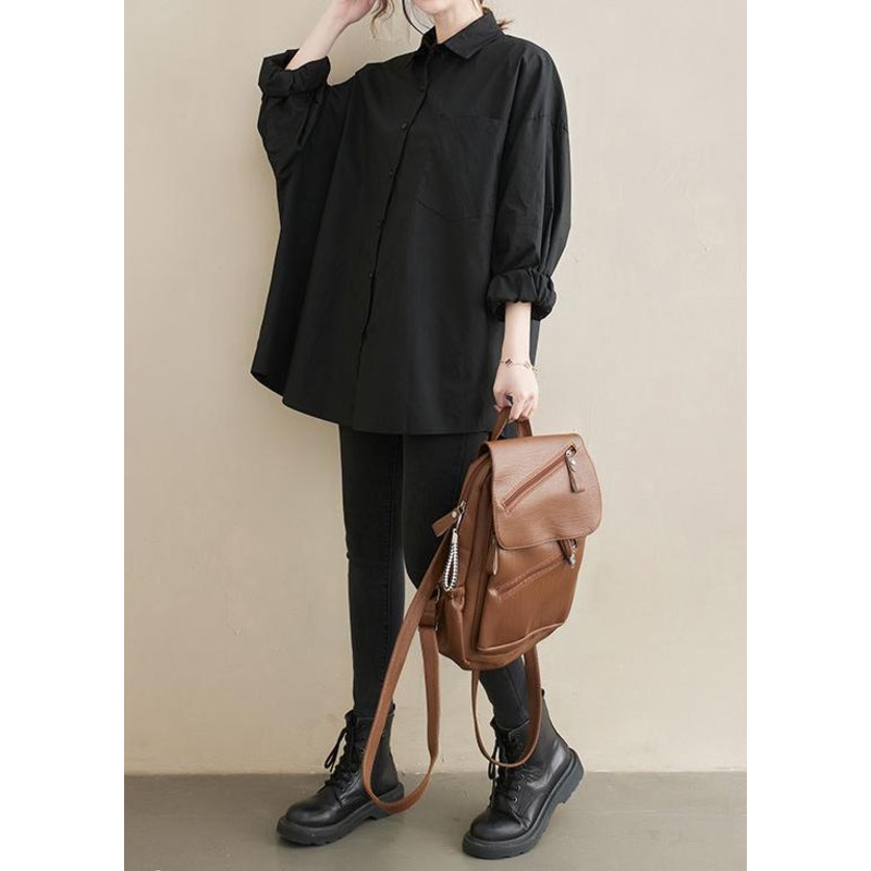Art Lapel Pockets Spring Tunic Top Shirts Black Top