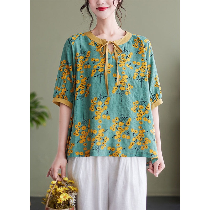 Beautiful Green Print Clothes Ruffled Asymmetric Plus Size Clothing Top