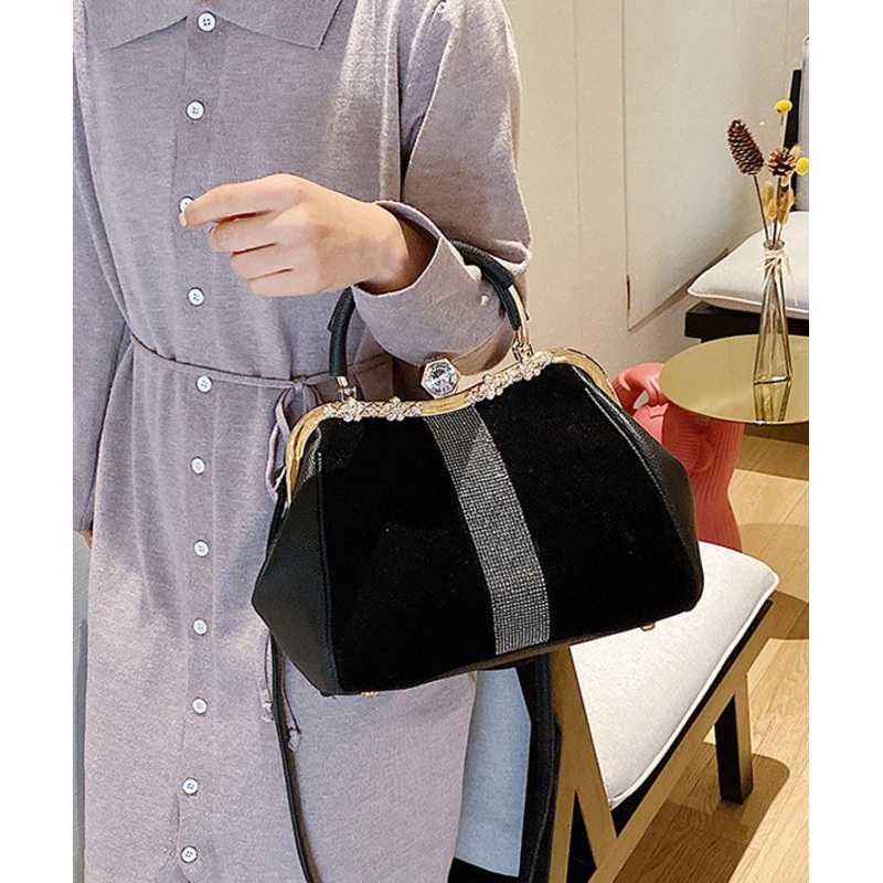 Boutique Black Zircon Patchwork Faux Leather Tote Handbag