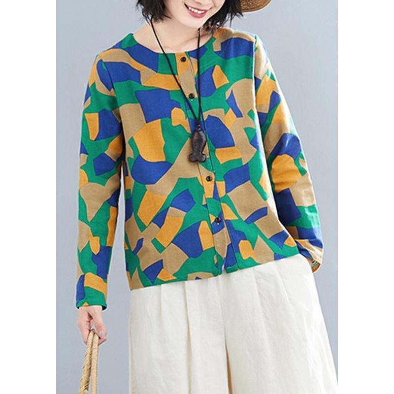 DIY Green Geometric Clothes For Women O Neck Button Down Plus Size Clothing Tops