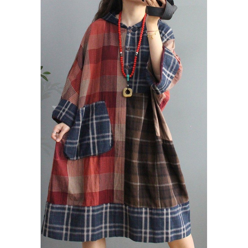 DIY Vintage Plaid Big Pocket Hoodie Dress