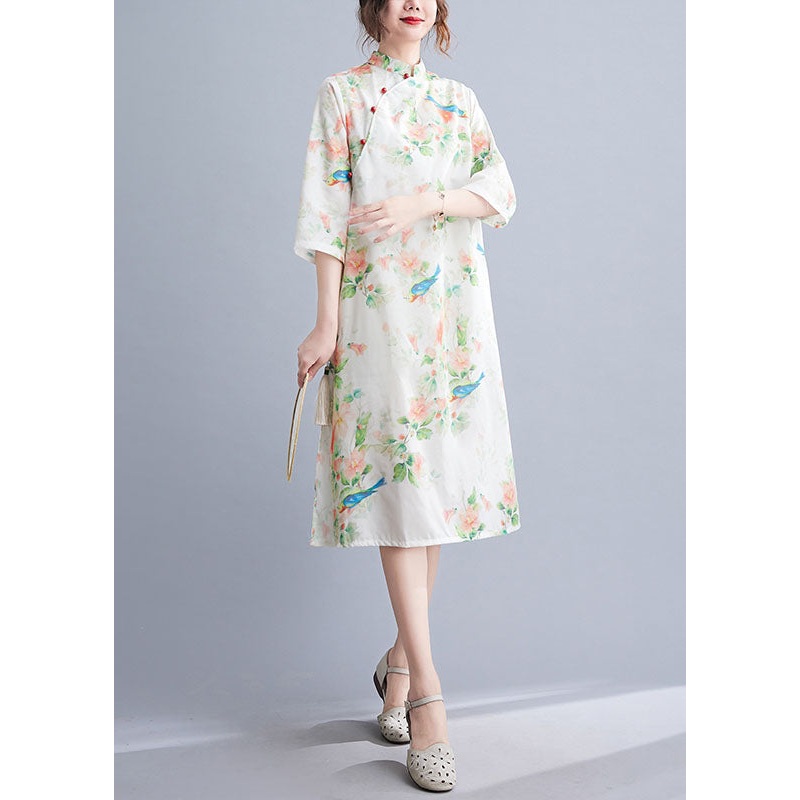 Elegant O-Neck Half Sleeve Top Sewing Green Bird Print Shirt
