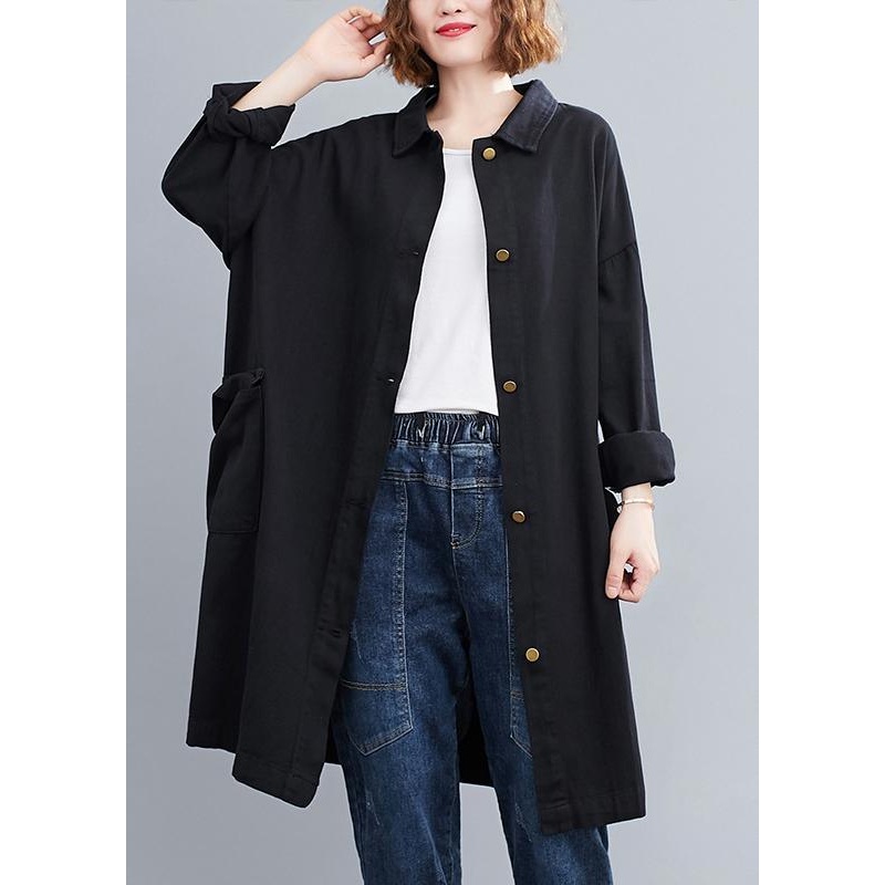 Handmade Lapel Patchwork Spring Tops Women Tunic Black Blouse