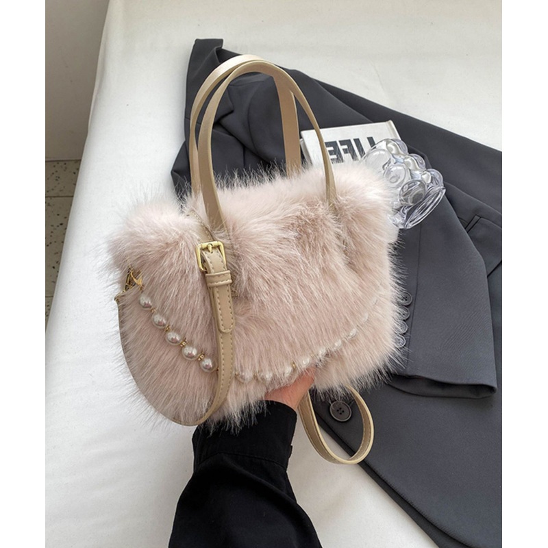 New Fashion Beige Pearl Fuzzy Fur Fluffy Square Crossbody Bag