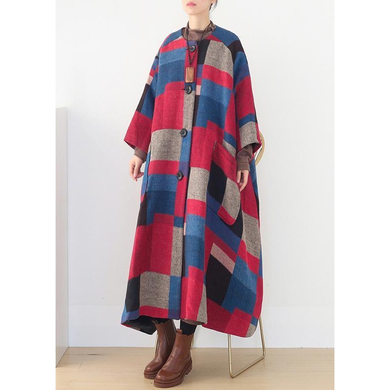 oversized maxi coat winter cashmere Coatred plaid fashion woolen outwear