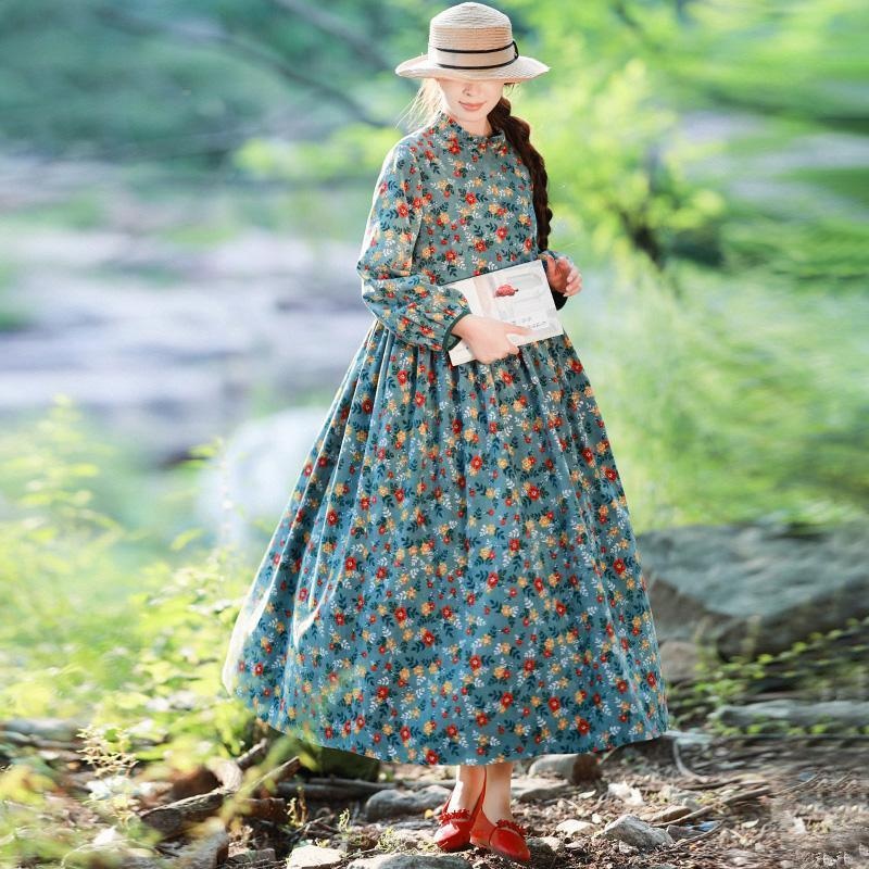 Retro Corduroy Floral Casual Draped Dress ( Limited Stock)