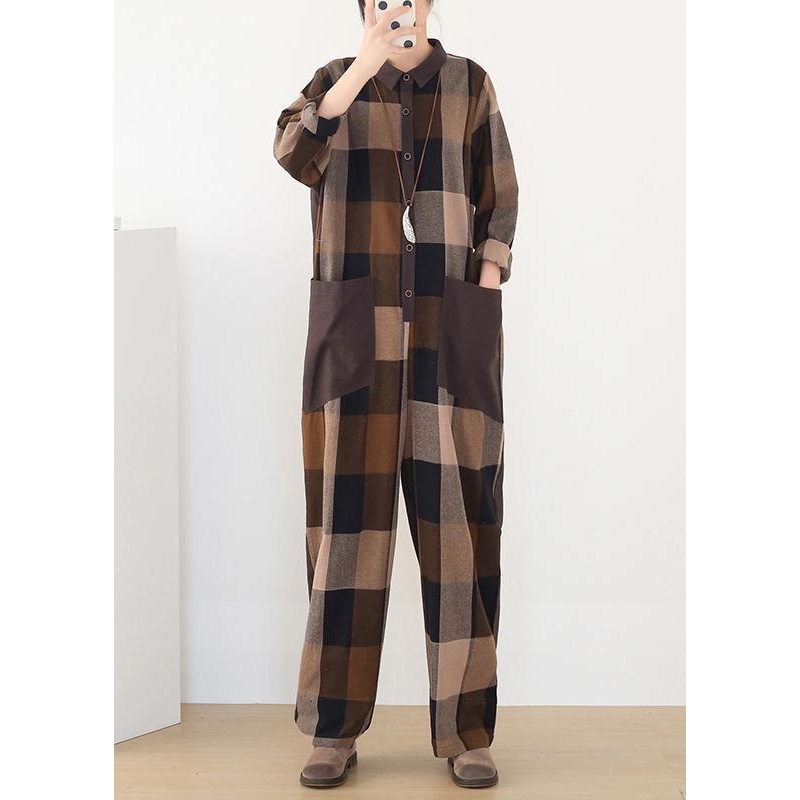 Spring Big Pockets Slimming Harem Cotton Brown Plus Szie Plaid Jumpsuit