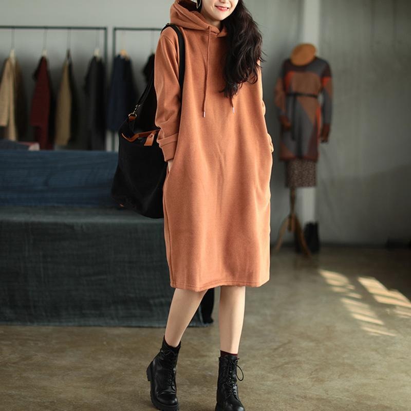 Spring Plus Plush Thick Hooded Drawstring  Dress
