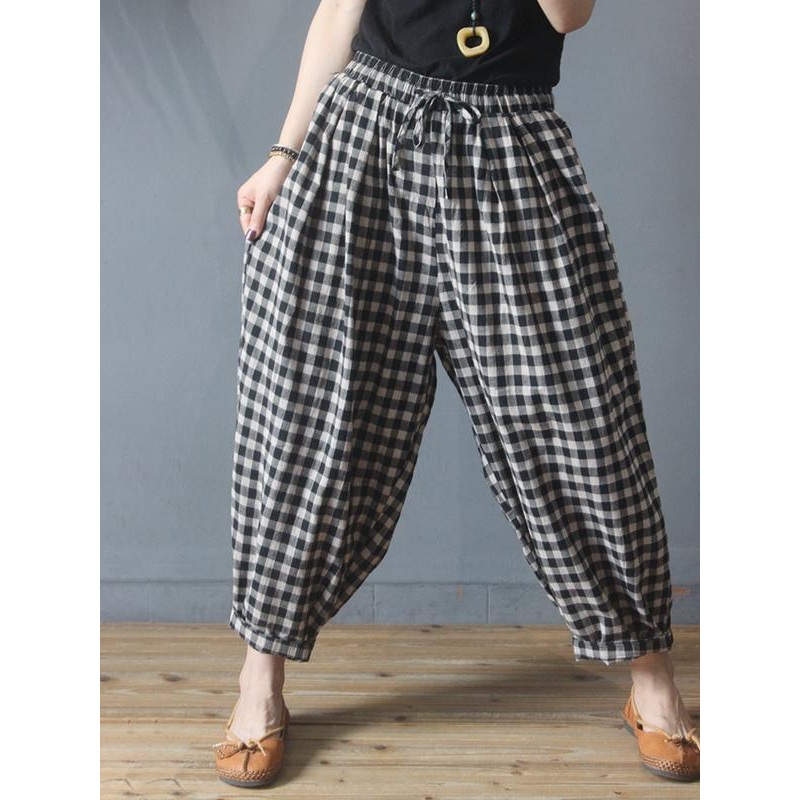 Summer Plaid Drawstring Pants Plus Size Cotton Linen Harem Pants