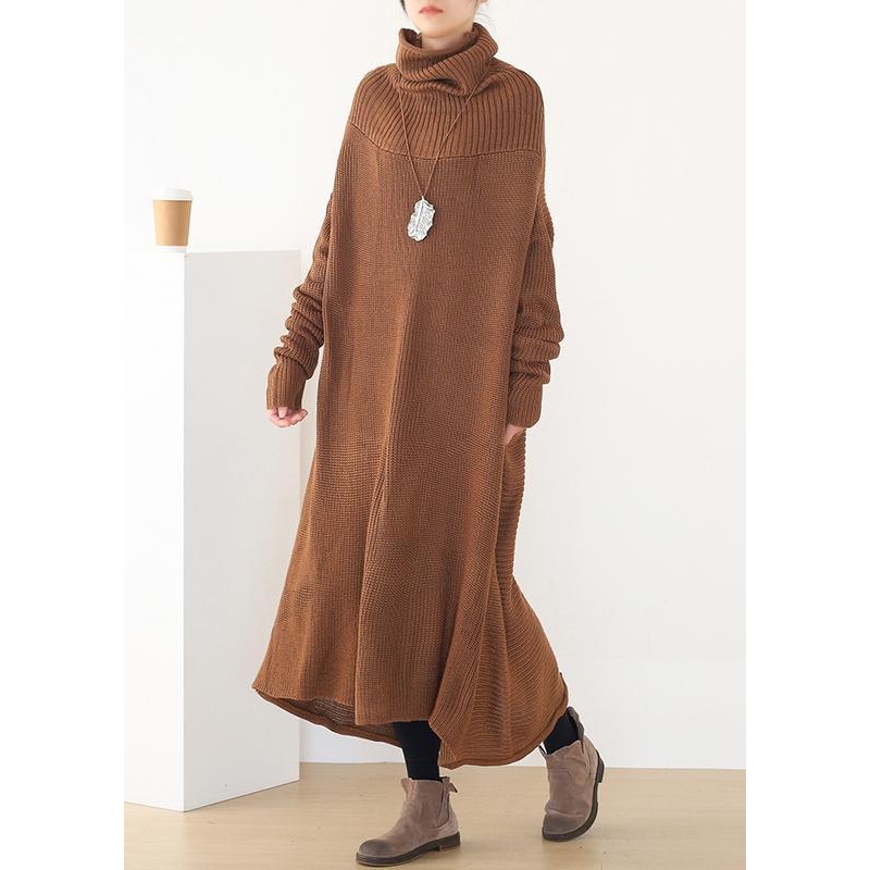 Women back open Sweater high neck dress outfit plus size drak brown daily knit dresses