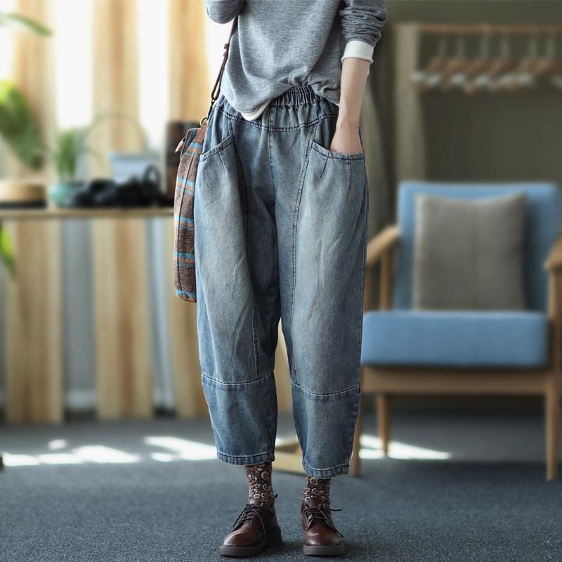 Women Casual Retro Stitching Pocket Jeans