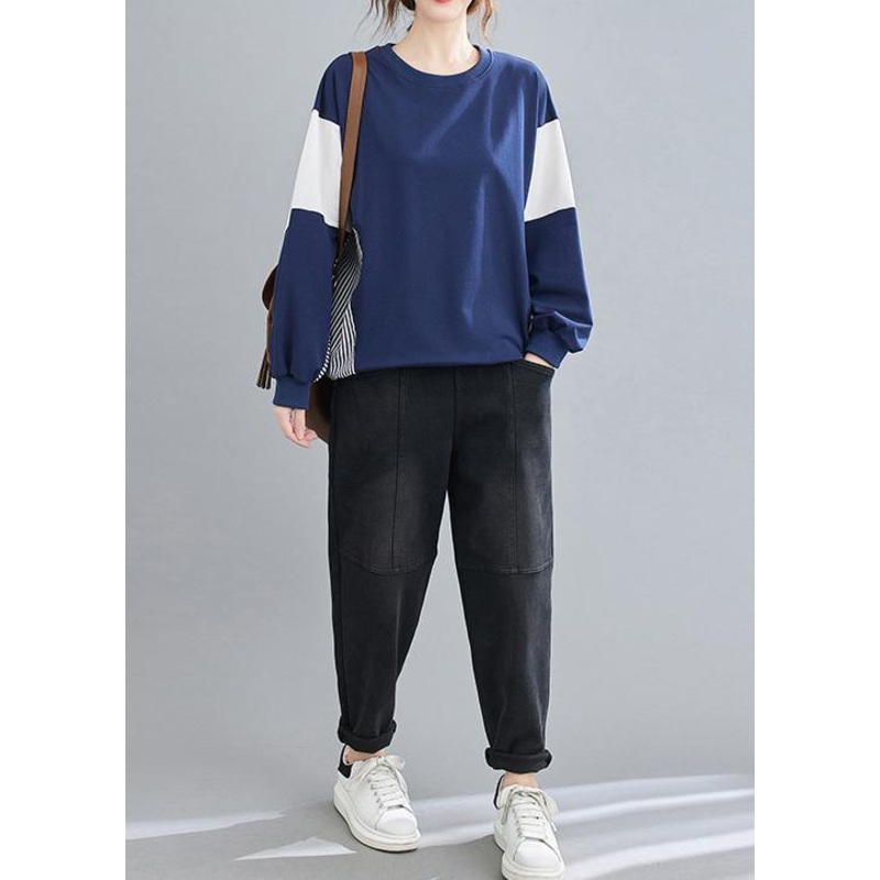 Women O Neck Patchwork Striped Spring Top Silhouette Sewing Blue Blouses
